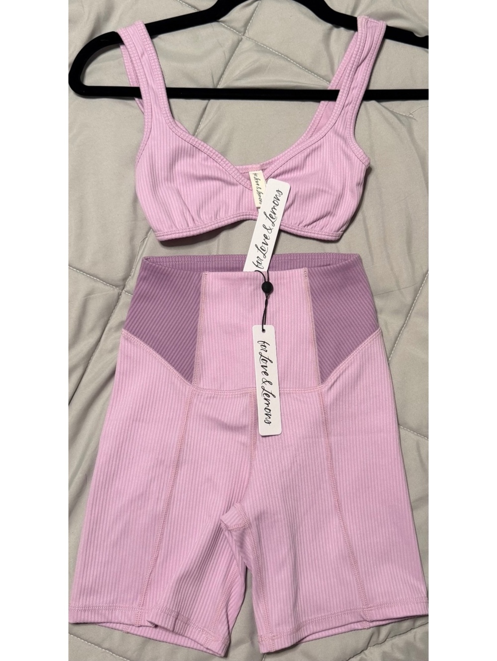 XXS For Love & Lemons Ribbed Lavender 2-Piece Bra + Biker Short Set XXS NWT